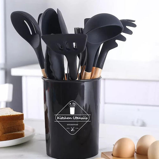 12 Pcs Silicone Cooking Utensils Kitchen Wooden Handles Kitchen Gadgets Tools Set for Nonstick Cookware