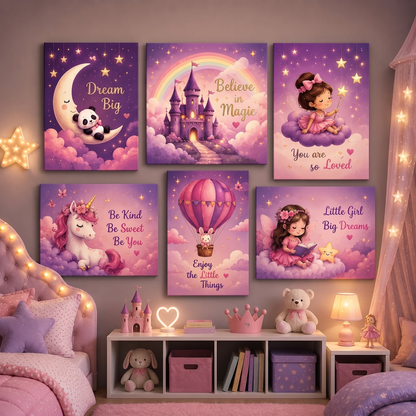 6 Pcs Fairy Tale Kids Wall Art Tiles – Unicorns, Castles & Stars (8x11 Inches)