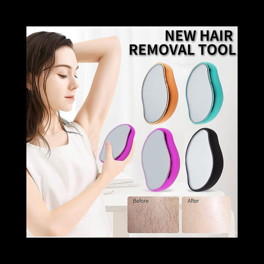 Woman using a hair removal tool with color options displayed and 'Before' and 'After' results shown.