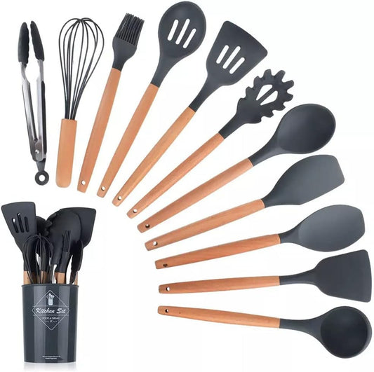 12 Pcs Silicone Cooking Utensils Kitchen Wooden Handles Kitchen Gadgets Tools Set for Nonstick Cookware