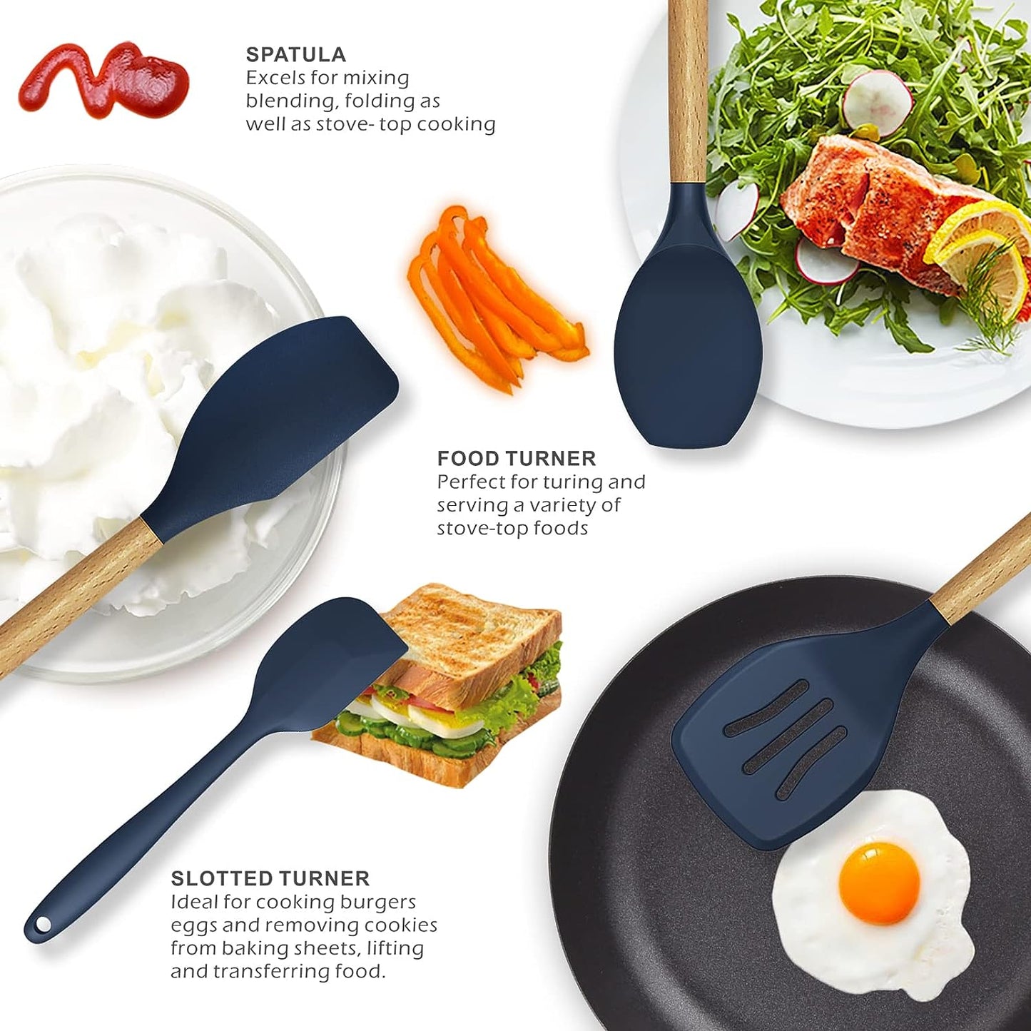 12 Pcs Silicone Cooking Utensils Kitchen Wooden Handles Kitchen Gadgets Tools Set for Nonstick Cookware