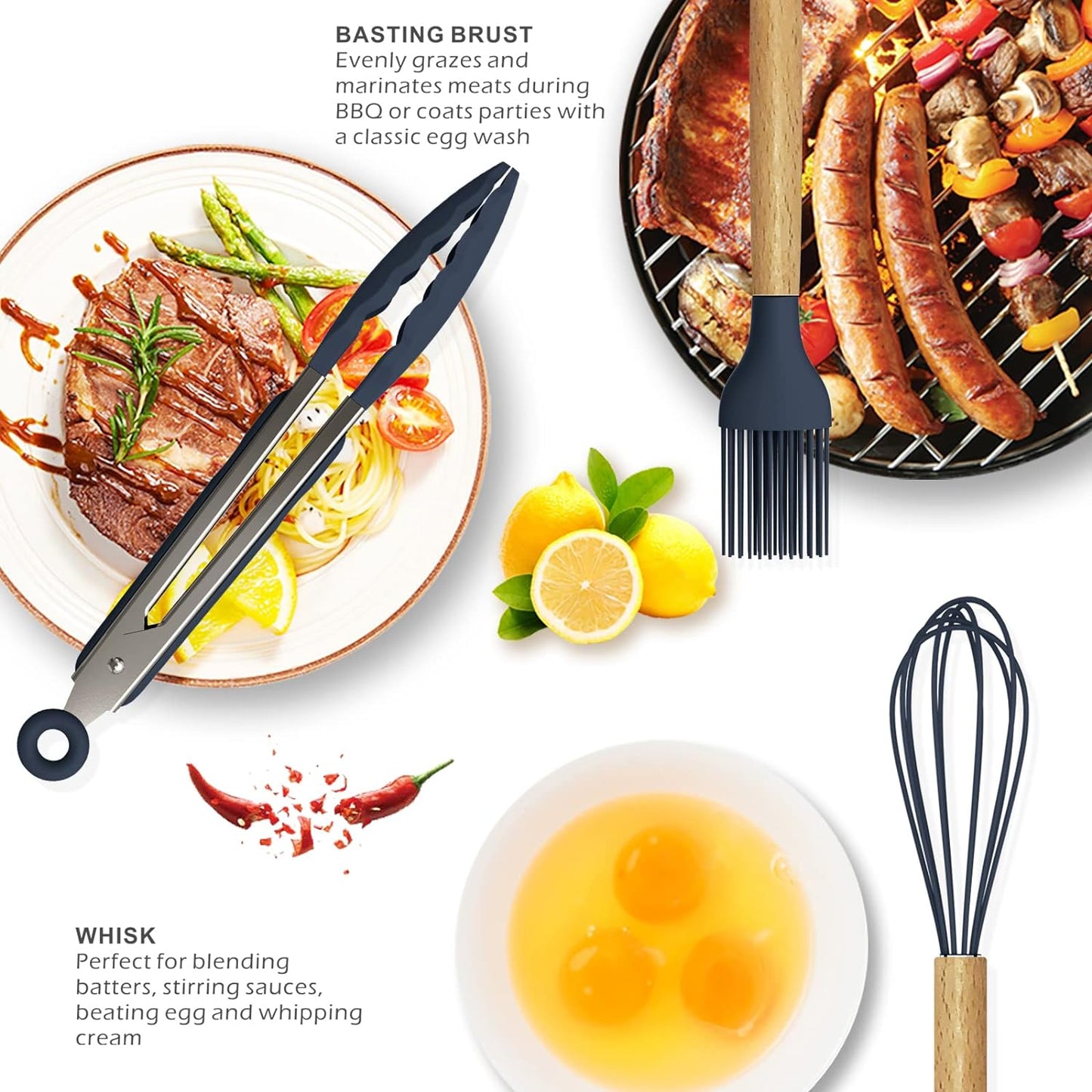 12 Pcs Silicone Cooking Utensils Kitchen Wooden Handles Kitchen Gadgets Tools Set for Nonstick Cookware