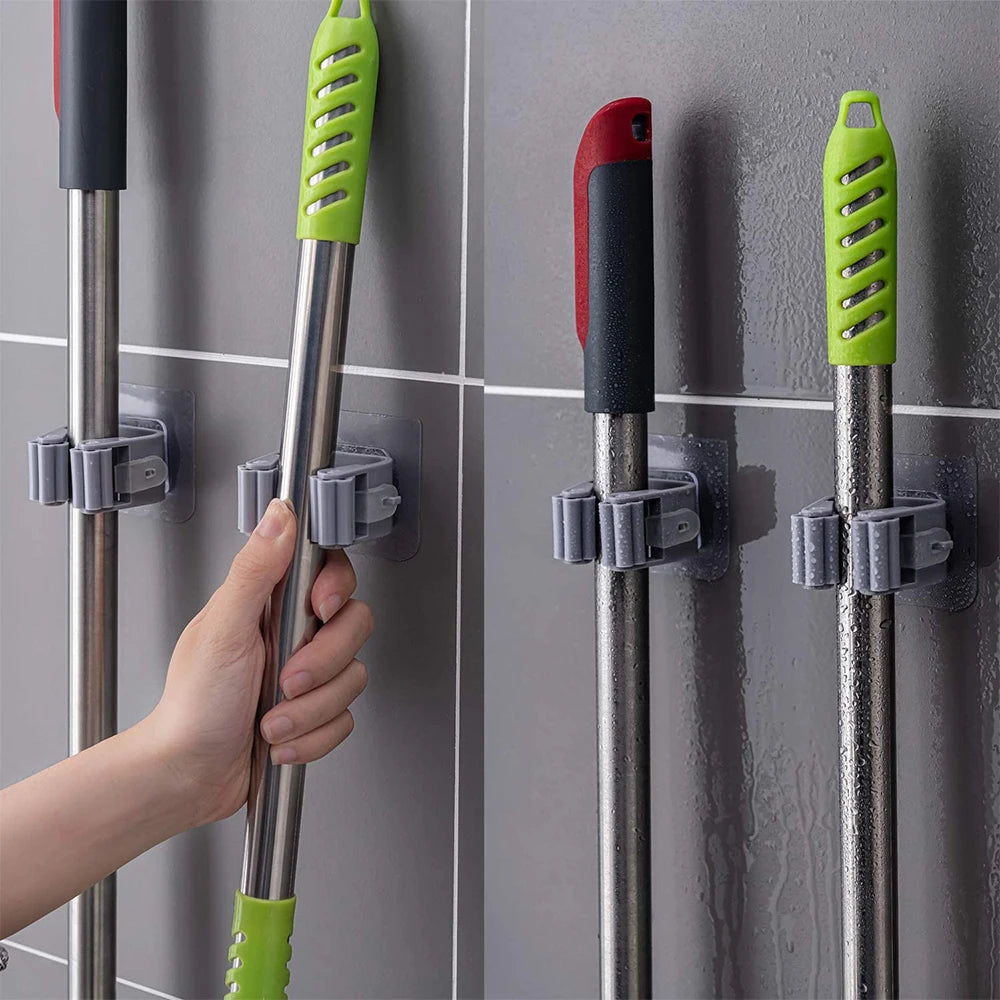 Self-Adhesive Wall Storage Combo: 3x Magic Mop Rack Organizers & 10x Multi-Use Thumb Key Hangers