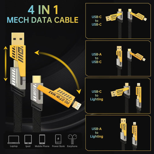 4 In 1 Mech High Speed Data Cable Durable Reliable Fast Charging For Smartphones Tablets And Laptops