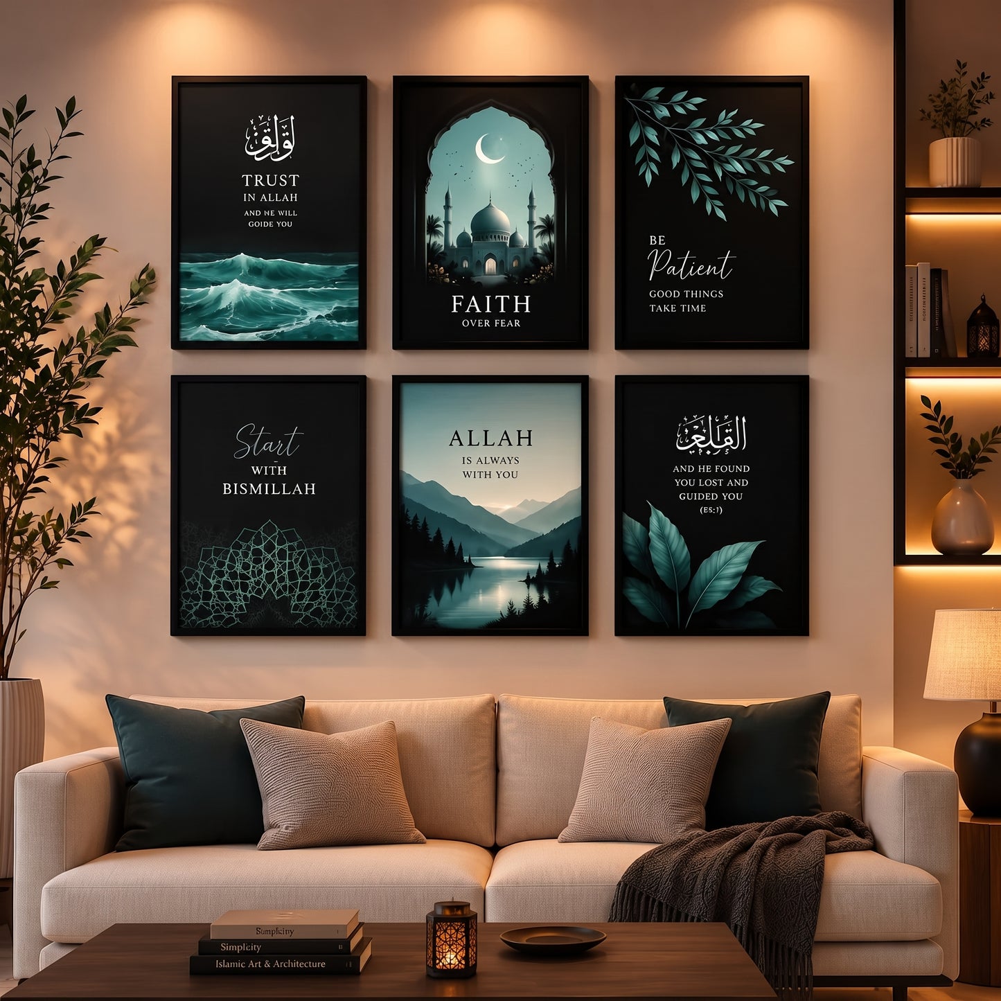 Set of 6 Islamic Art Sticky Wall Tiles – Motivational Quotes & Modern Design (8x11)