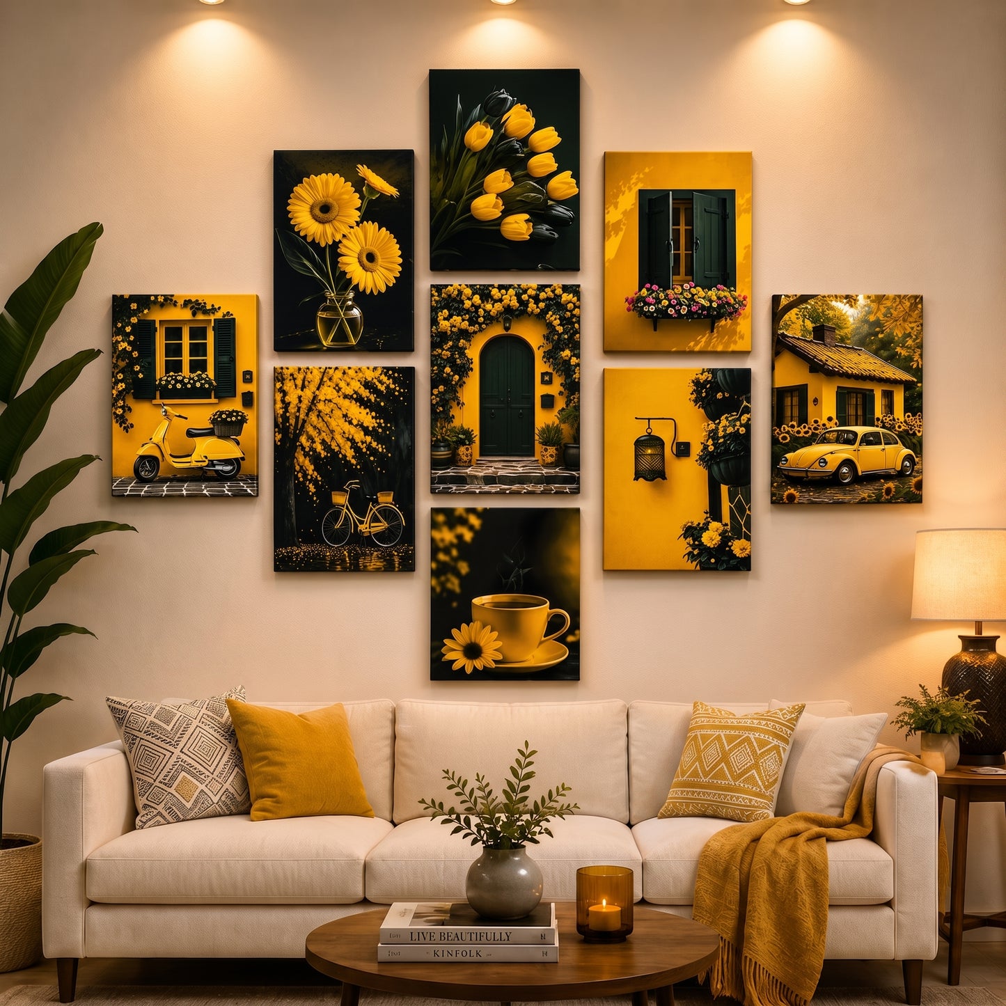 Set of 9 Pcs Yellow Theme Sticky Wall Art Tiles - 5x7 inches & 7x11