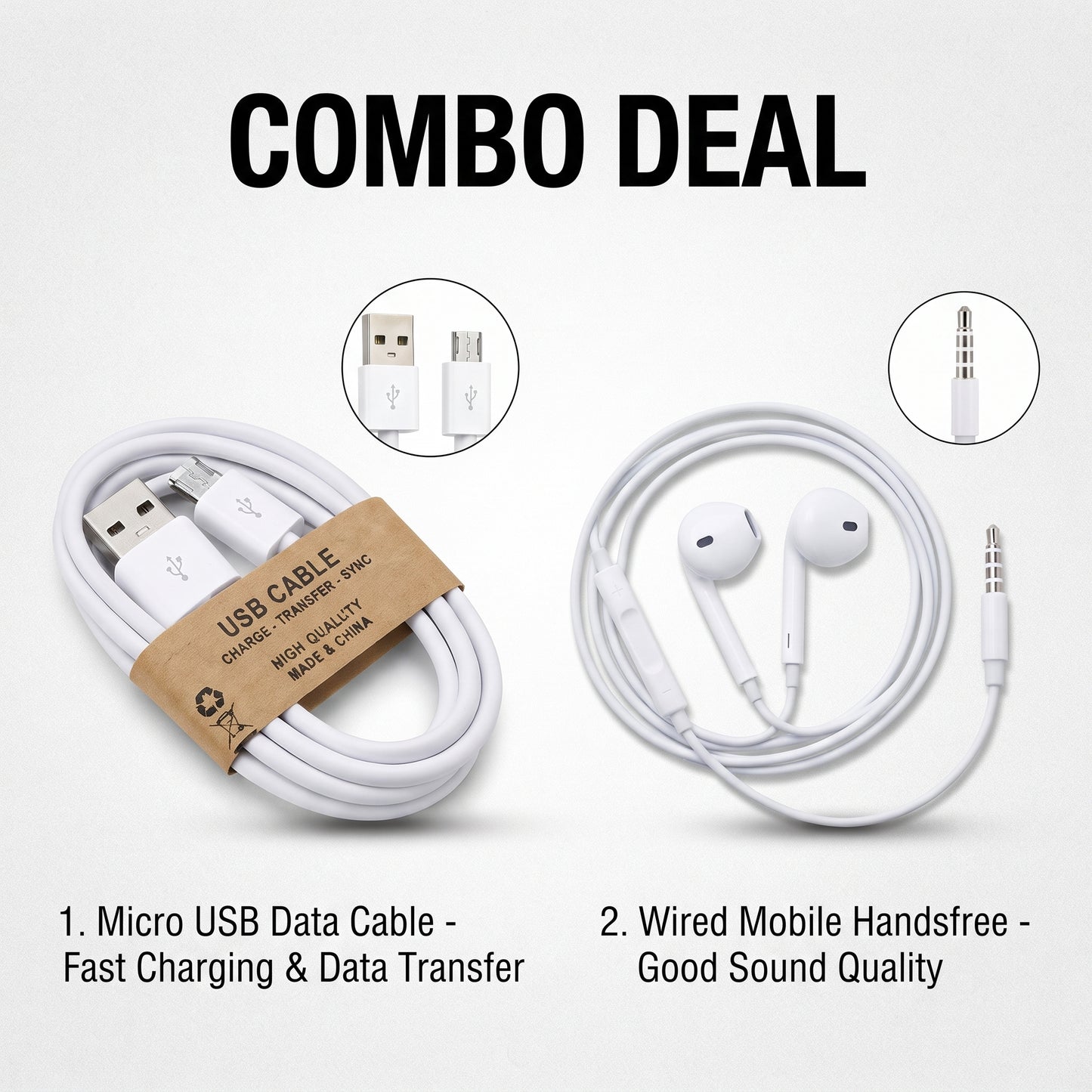 Mobile Audio & Power Combo: Micro USB Data Cable + Wired Handsfree Earphones