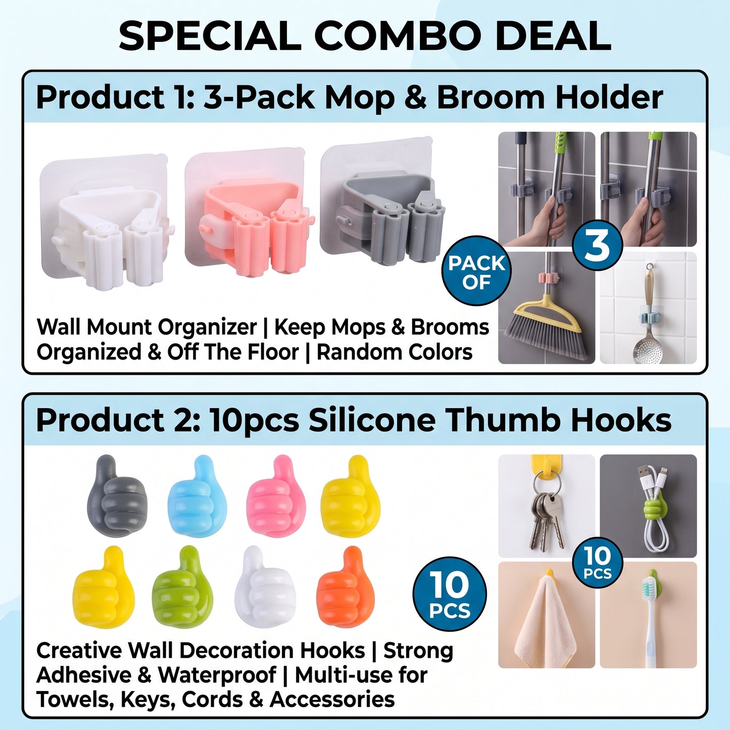 Self-Adhesive Wall Storage Combo: 3x Magic Mop Rack Organizers & 10x Multi-Use Thumb Key Hangers