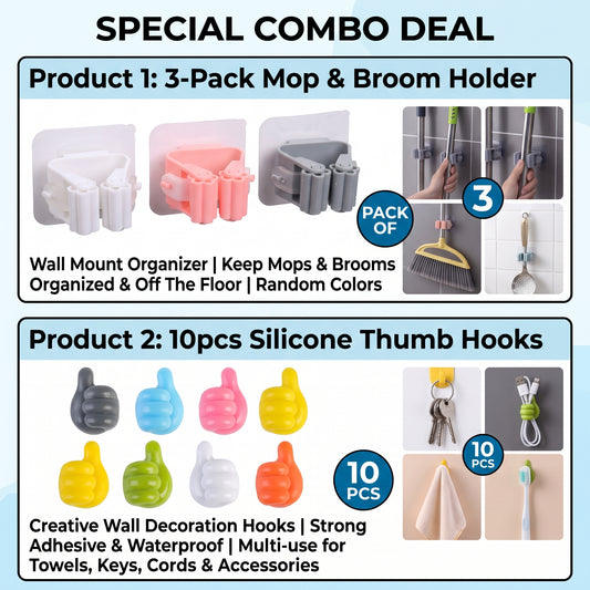 Self-Adhesive Wall Storage Combo: 3x Magic Mop Rack Organizers & 10x Multi-Use Thumb Key Hangers